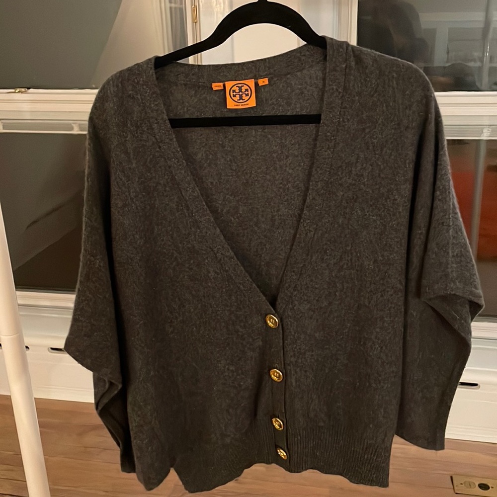 Tory Burch. Dark Grey Cashmere Winged Cardigan, size M.